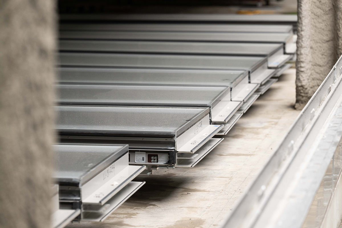 Close-up of metal cladding panels stacked and ready for installation on the Capitol Annex exterior.