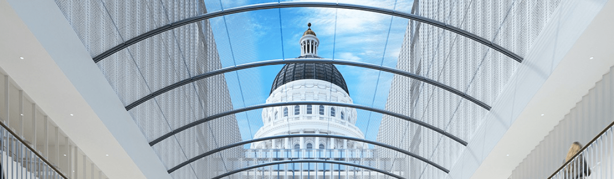 Rendering looking up through the curved glass ceiling of the new Annex atrium towards the historic Capitol Dome.