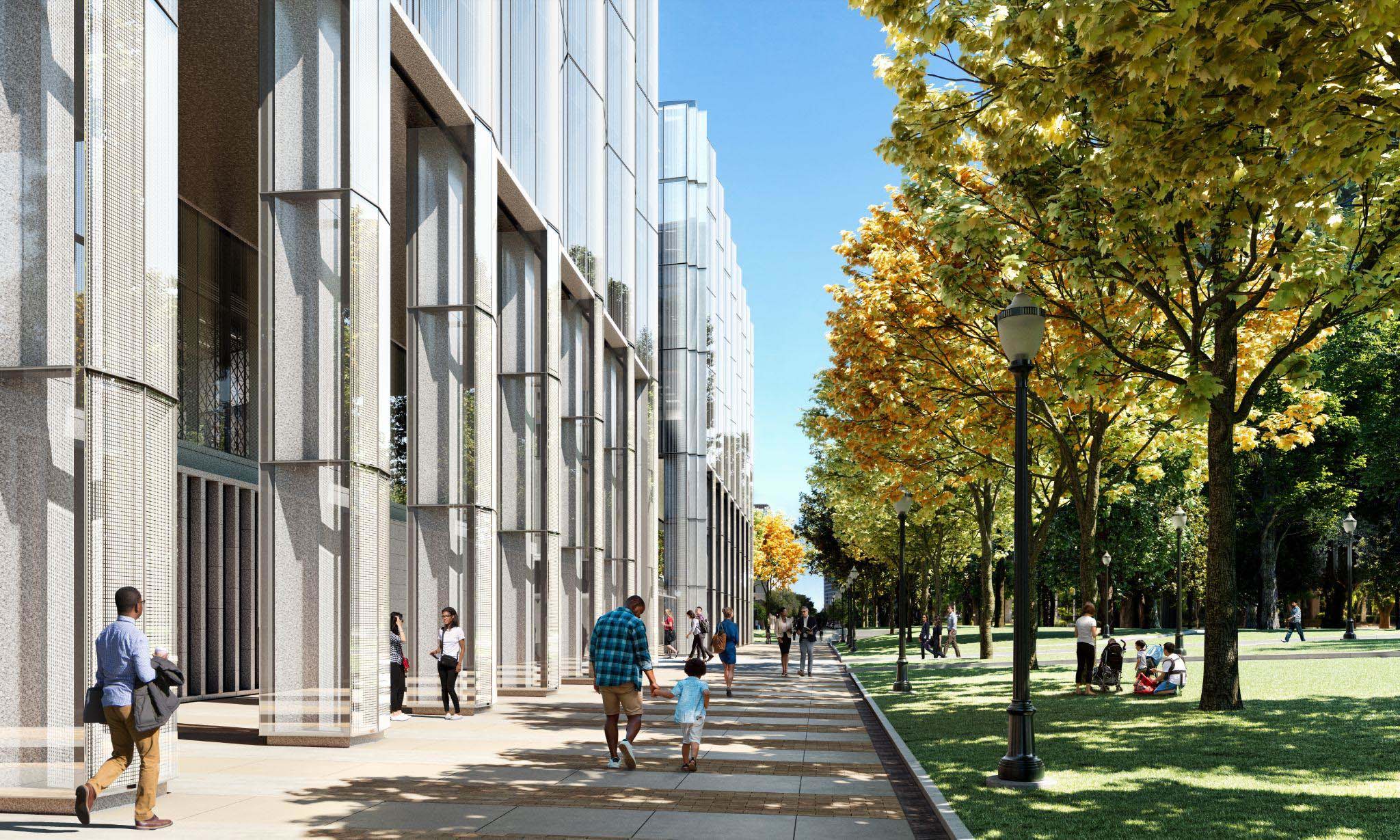 Rendering of the exterior walkway of the new Capitol Annex, showing tall glass columns and people walking through the landscaped park.