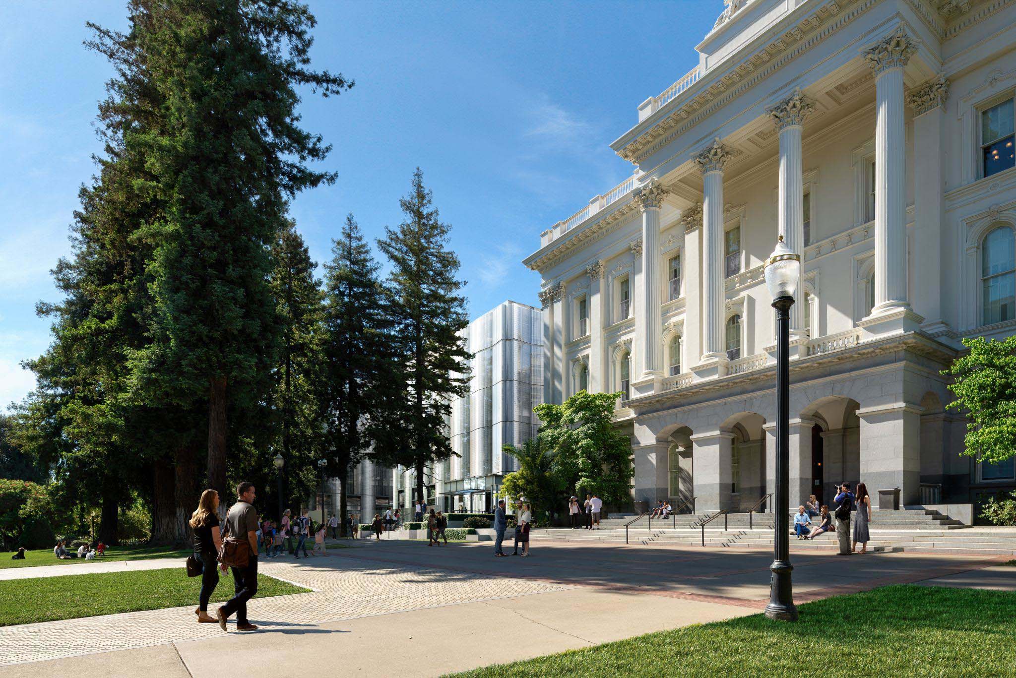 Exterior rendering showing the contrast between the historic white columns of the State Capitol and the modern glass facade of the new Annex.
