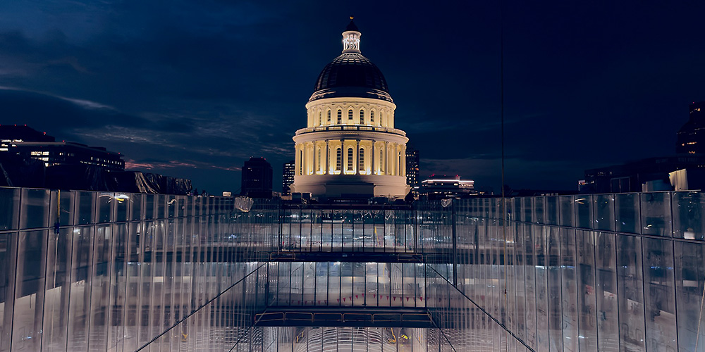 Wide angle shot of the Annex at night